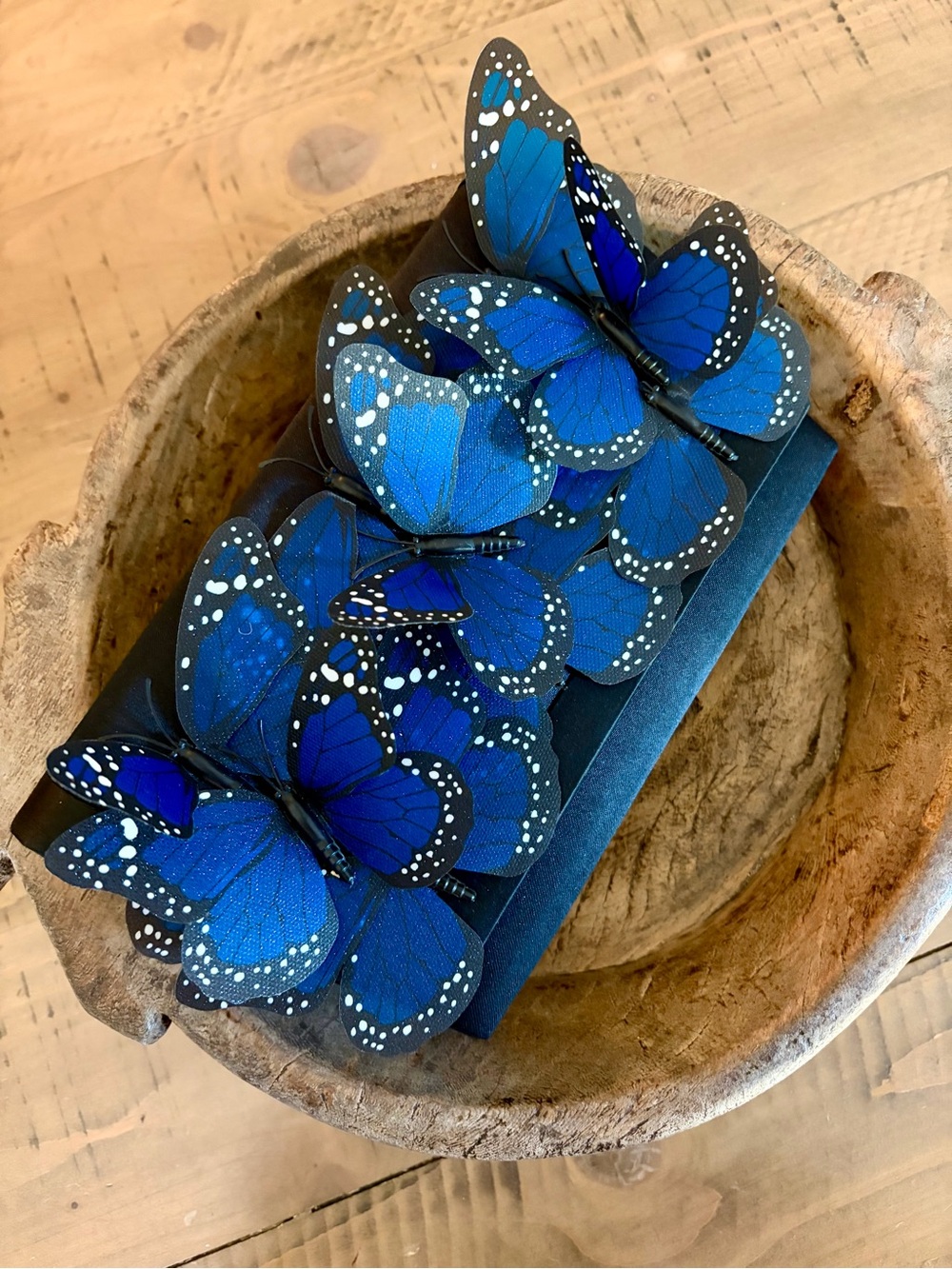 Upcycled Black Regale Clutch Adorned Shimmery Blue Butterflies Stunning